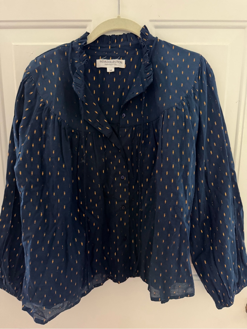 Emerson Fry Navy Button-Front Blouse with Gold Dot Print